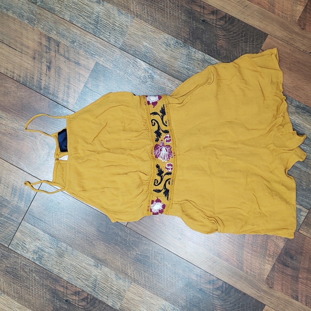 Blue Rain Yellow Romper with Pockets and Floral Embroidered Waistband, Size XS